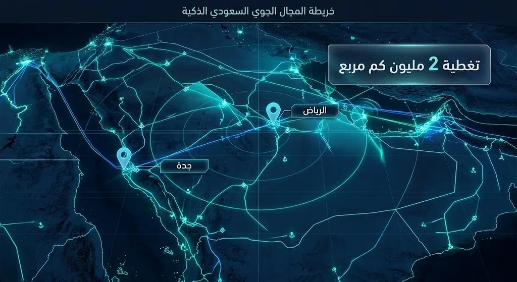 تصميم بصري متطور يبرز أماكن التعيين في الرياض وجدة مع تمثيل لشبكة الملاحة الجوية الواسعة