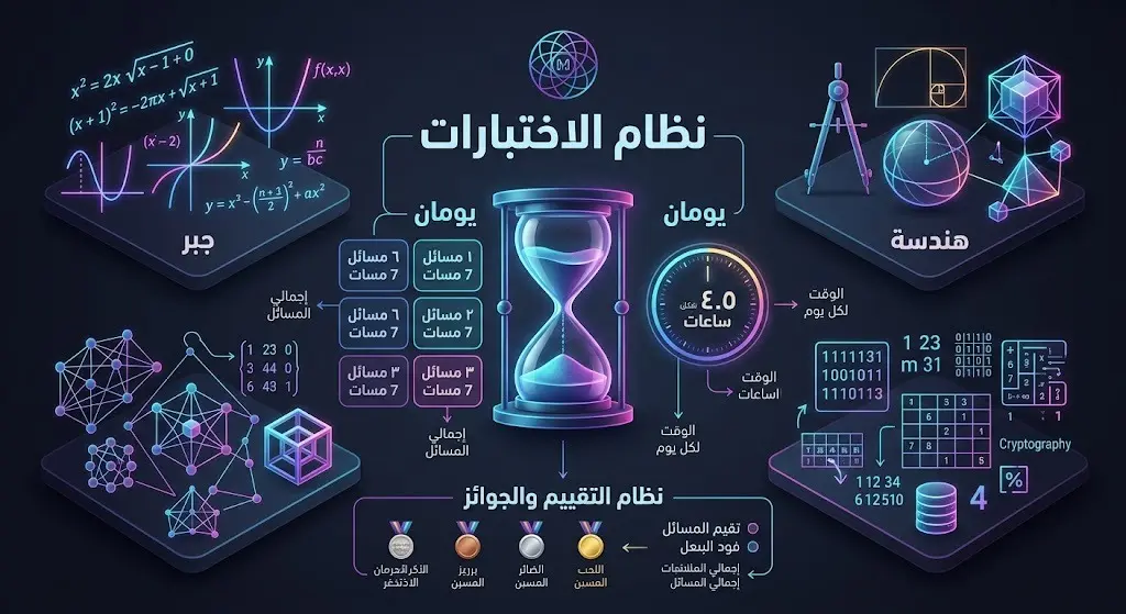 إنفوجرافيك احترافي يستعرض فروع منافسات أولمبياد الرياضيات ونظام الاختبارات الذي يشمل الجبر والهندسة، بالإضافة إلى تفاصيل المدة الزمنية وعدد المسائل.