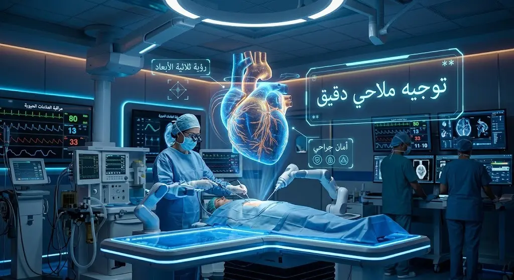 مشهد تخيلي لغرفة عمليات متطورة تستخدم تقنية التوجيه الملاحي ثلاثي الأبعاد لدعم الجراحين.