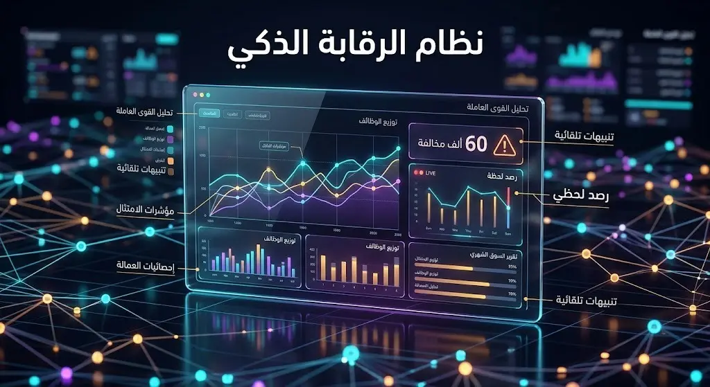 تصميم تقني متطور يجسد عمل نظام الرقابة الذكي في تحليل بيانات المنشآت ورصد المخالفات العمالية بشكل لحظي عبر لوحة بيانات رقمية مضيئة.