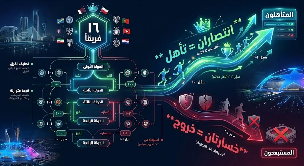 إنفوجرافيك يشرح النظام السويسري للمرحلة الأولى في دوري الملوك، حيث يتنافس 16 فريقاً ويتأهل من يحقق انتصارين بينما يغادر من يتلقى خسارتين.