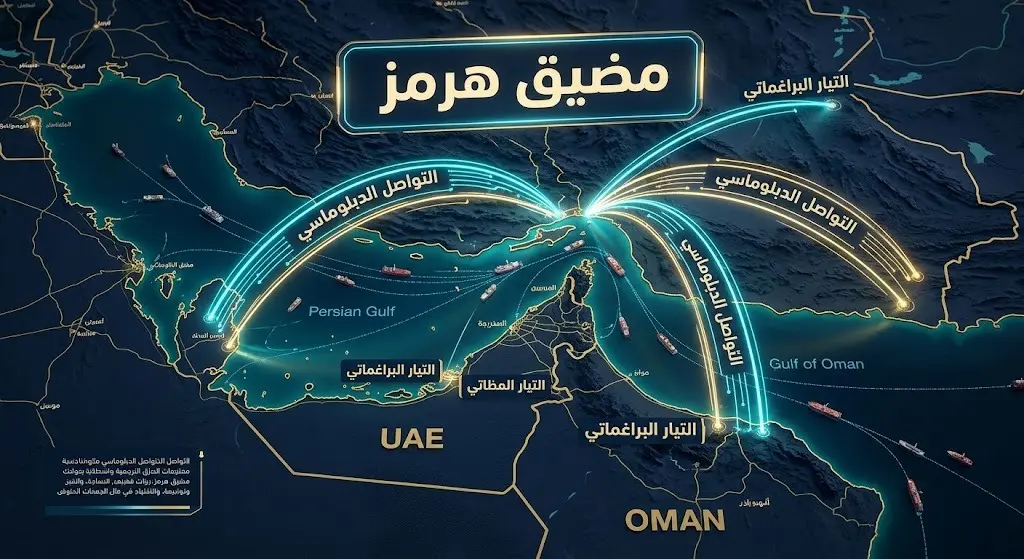 تصميم ثلاثي الأبعاد وإنفوجرافيك يوضح موقع مضيق هرمز الجيوسياسي ومسارات التواصل الدبلوماسي.