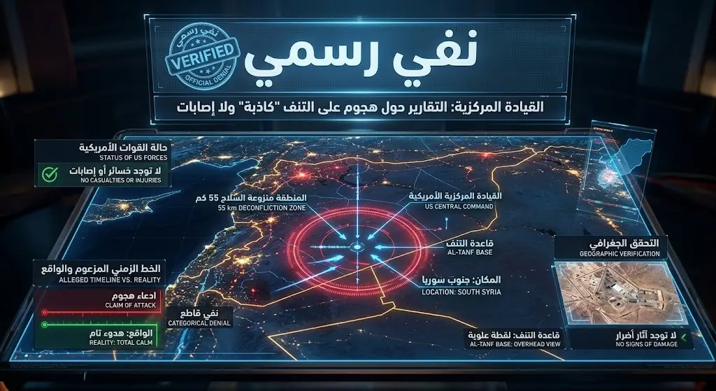 خريطة تفاعلية مفاهيمية تبرز قاعدة التنف السورية مع ختم يؤكد النفي الرسمي لتعرضها لأي هجوم.