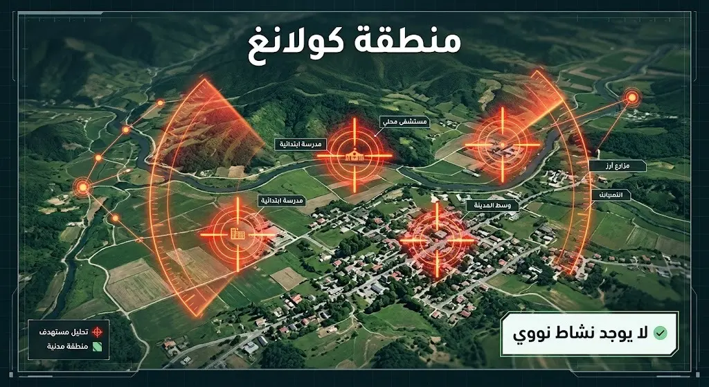 إنفوجرافيك ذكي وخرائطي يوضح منطقة كولانغ مع مؤشرات بصرية تنفي وجود أي منشآت أو أنشطة نووية، ويبرز التركيز العسكري المبالغ فيه كذريعة.