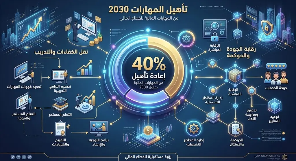 تصميم بياني احترافي يبرز نسبة 40% الخاصة بإعادة تأهيل مهارات القطاع المالي بحلول عام 2030 مع عناصر بصرية تعبر عن الحوكمة.