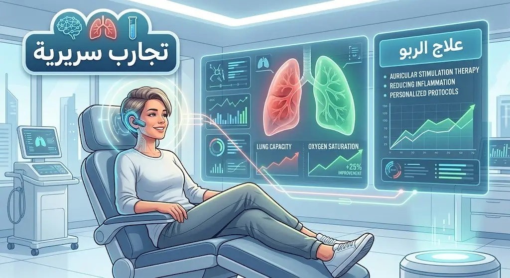 مشهد تخيلي متطور لمريض يرتدي جهازاً إلكترونياً حديثاً على الأذن ضمن تجارب سريرية بشرية لعلاج الربو.