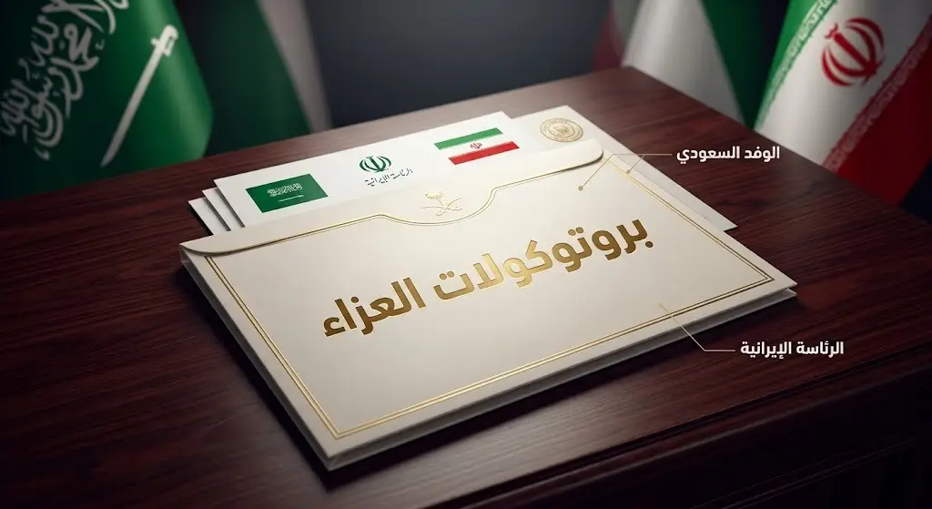 رسم تعبيري يوضح بروتوكولات نقل التعازي الرسمية من الوفد السعودي إلى الرئاسة الإيرانية بأسلوب دبلوماسي رصين.