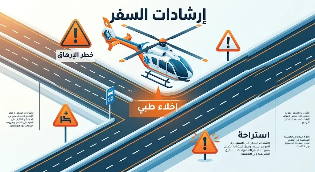 تصميم يدمج بين سرعة الإخلاء الطبي عبر الطيران والسيارات، مع إبراز إرشادات السلامة وتجنب إرهاق القيادة.