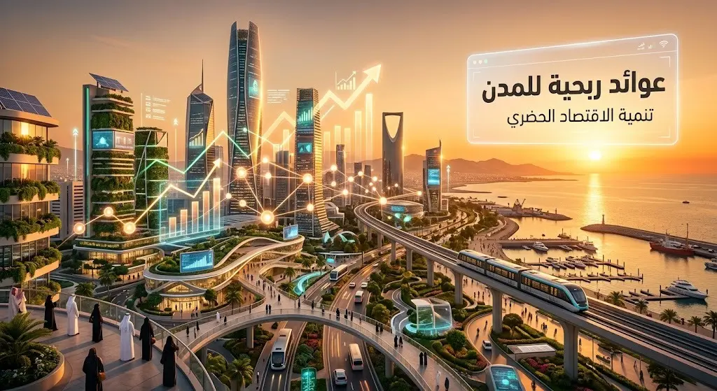 تصميم تعبيري لمدينة ذكية حديثة تتداخل فيها مؤشرات النمو الاقتصادي، لتعكس أثر الاستثمارات السيادية على التطور الحضري.
