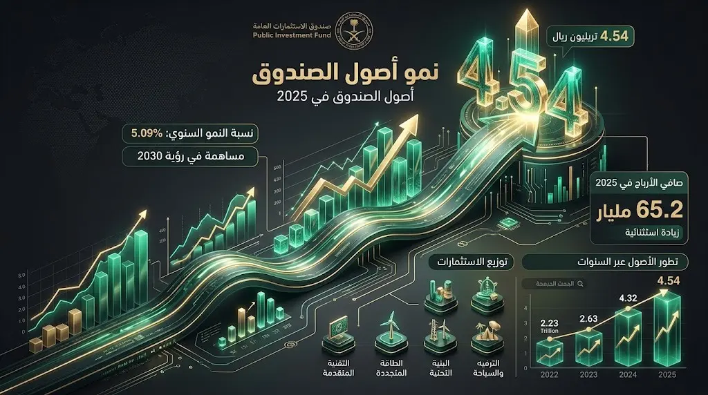 رسم بياني مالي متطور ثلاثي الأبعاد يوضح نمو أصول صندوق الاستثمارات العامة السعودي إلى 4.54 تريليون ريال لعام 2025 مع إبراز تضاعف الأرباح.
