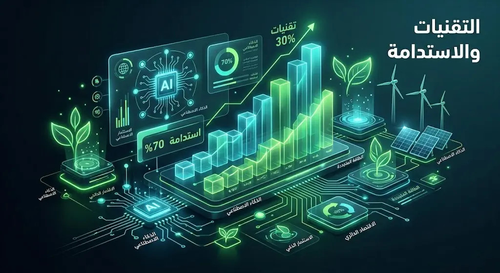 إنفوجرافيك ثلاثي الأبعاد يوضح نمو استثمارات التقنيات الناشئة إلى 30% ومؤشرات الاستدامة إلى 70% بحلول عام 2030