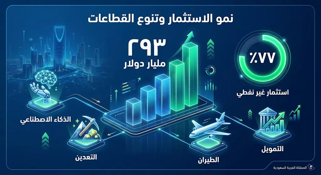 رسم بياني وتعبيري يستعرض قفزات الاستثمار الأجنبي المباشر في السعودية وتنوعه في القطاعات غير النفطية كالذكاء الاصطناعي والتعدين.
