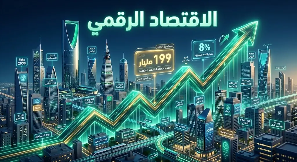 تصميم إنفوجرافيك ثلاثي الأبعاد يعكس نمو الاقتصاد الرقمي في السعودية وتجاوز حجم السوق 199 مليار ريال مع رسوم بيانية صاعدة.