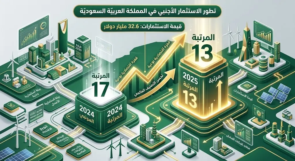 رسم بياني يوضح قفزة السعودية للمرتبة 13 عالمياً في الاستثمار الأجنبي وتجاوز التدفقات 32.6 مليار دولار في 2025.