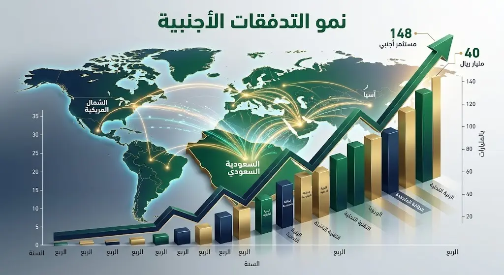 إنفوجرافيك يوضح نمو التدفقات الأجنبية في الأسواق الخاصة السعودية، مبرزاً ارتفاع عدد المستثمرين إلى 148 وحجم التدفقات إلى 40 مليار ريال.