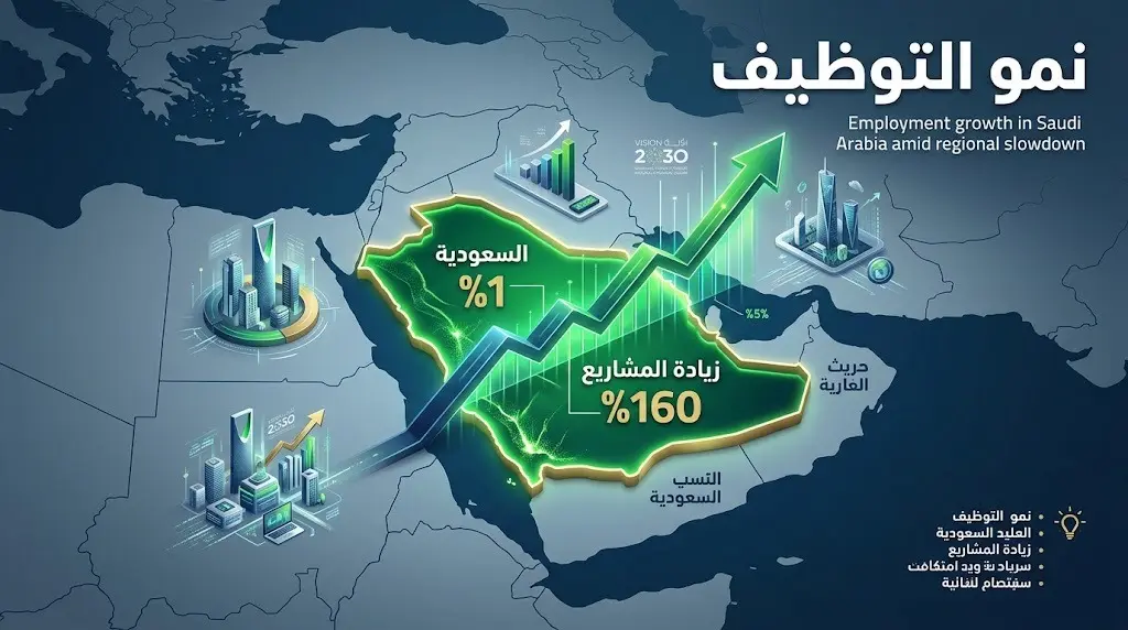 إنفوجرافيك احترافي يوضح تصدر السعودية لنمو التوظيف بنسبة 1% وطفرة المشاريع بنسبة 160% وسط تباطؤ إقليمي.