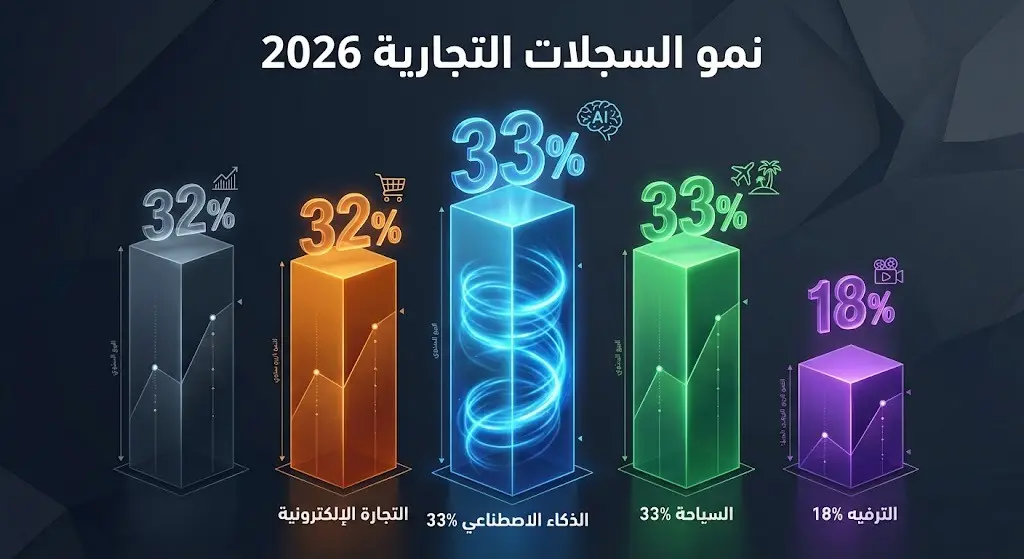 رسم بياني حديث يبرز نسب نمو السجلات التجارية في الربع الثاني من 2026 ضمن قطاعات الذكاء الاصطناعي والسياحة والتجارة الإلكترونية.
