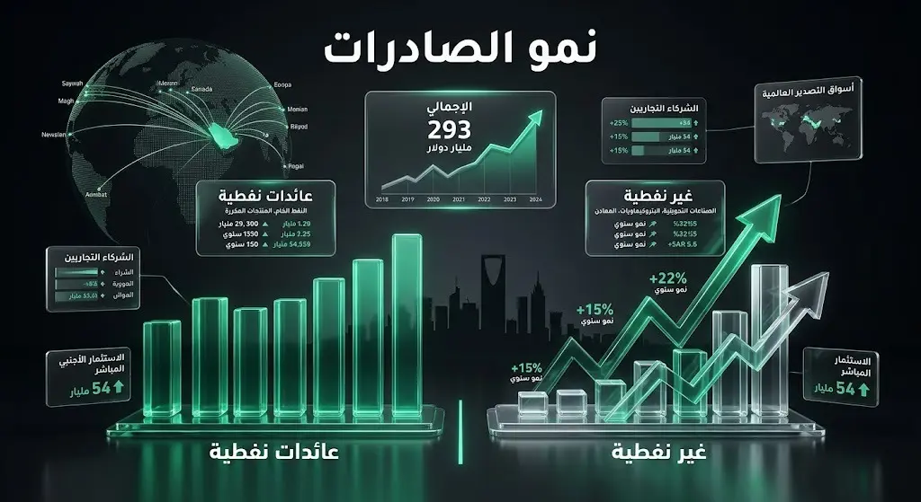 تصميم بياني مبتكر يستعرض نمو إجمالي الصادرات السعودية إلى 293 مليار دولار خلال عام 2025 مع إبراز تطور الصادرات غير النفطية.