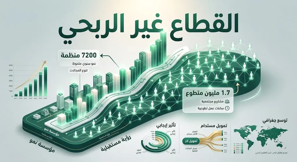 رسم بياني إبداعي ثلاثي الأبعاد يوضح النمو المتسارع في القطاع غير الربحي، مبرزاً تجاوز عدد المنظمات 7200 منظمة ووصول المتطوعين إلى 1.7 مليون.