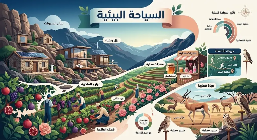 تصميم مرئي يجمع بين المناظر الجبلية والنزل الريفية ومظاهر الحياة الفطرية في محافظة الطائف