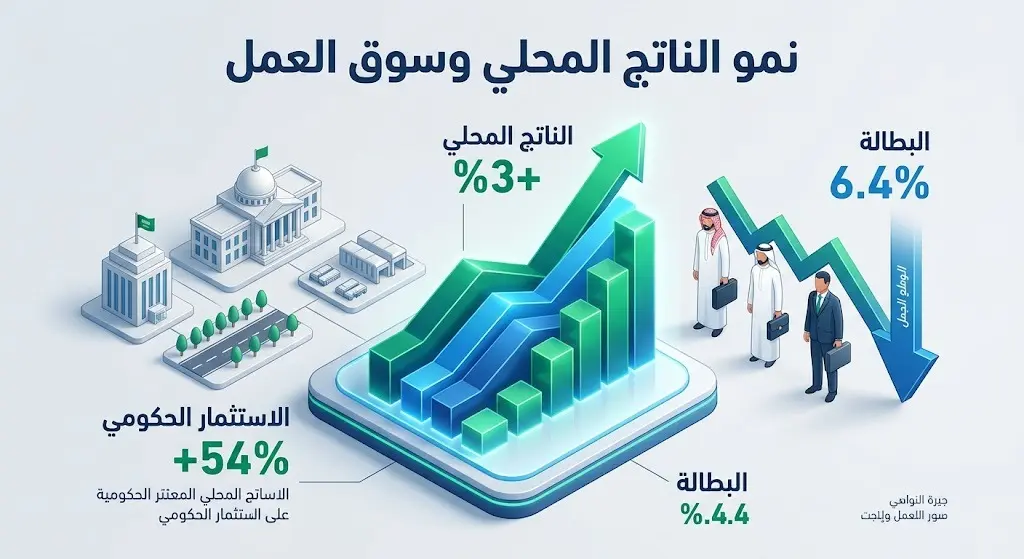 إنفوجرافيك يوضح نمو الناتج المحلي الإجمالي بنسبة 3% وانخفاض معدل البطالة بين السعوديين إلى 6.4% في الربع الأول من عام 2026