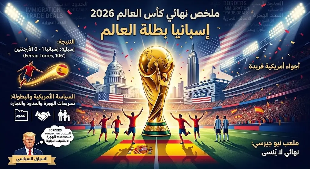 تصميم بصري يجمع بين كأس العالم وأجواء احتفالات نهائي مونديال 2026 وتتويج إسبانيا باللقب، مع إضاءات تشير للتأثير الأمريكي الواسع والتصريحات المصاحبة للبطولة.