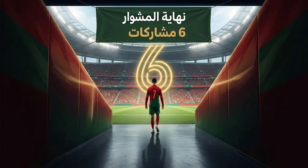 تصميم إبداعي يظهر لاعباً برقم 7 يودع الملاعب متجهاً نحو النفق، مع أرقام تشير لمشاركاته الست ونص عربي يقرأ نهاية المشوار.