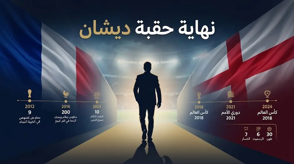 تصميم تعبيري يجسد نهاية مسيرة المدرب ديدييه ديشان مع المنتخب الفرنسي والتوجه نحو مباراته الوداعية ضد إنجلترا