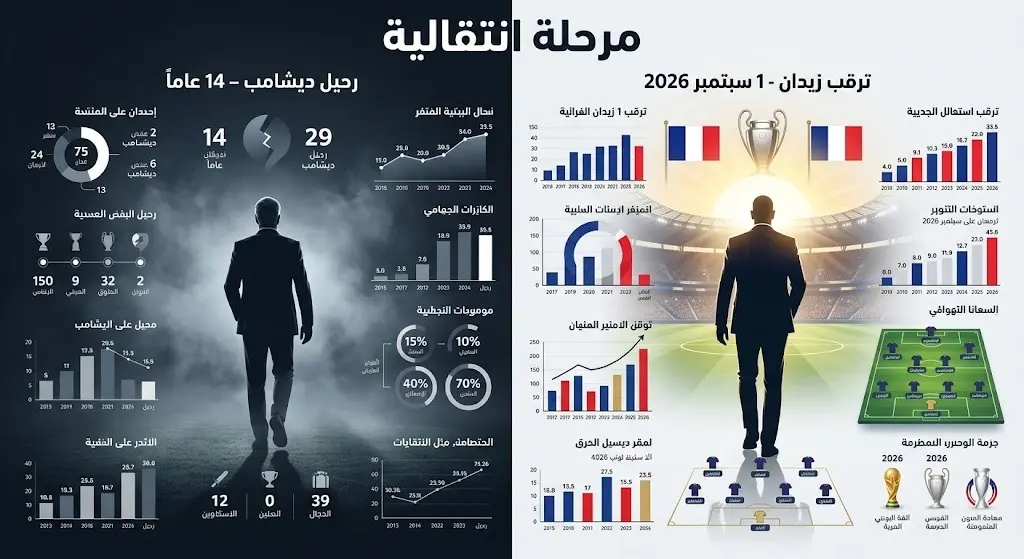 تصميم إنفوجرافيك يجسد المرحلة الانتقالية للمنتخب الفرنسي، موضحاً نهاية حقبة ديدييه ديشامب التي استمرت 14 عاماً وبدء الاستعدادات لتعيين زين الدين زيدان مديراً فنياً.
