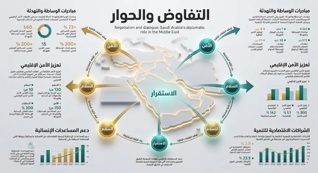 تصميم بصري لخريطة الشرق الأوسط بإضاءات ذهبية تمثل مراكز الاستقرار والسلام، مع نصوص عربية تسلط الضوء على التفاوض والحوار.