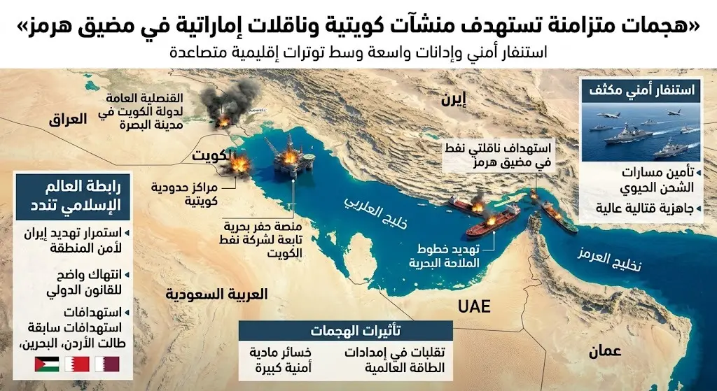 هجمات متزامنة تستهدف منشآت كويتية وناقلات إماراتية في مضيق هرمز وسط استنفار أمني وإدانات واسعة