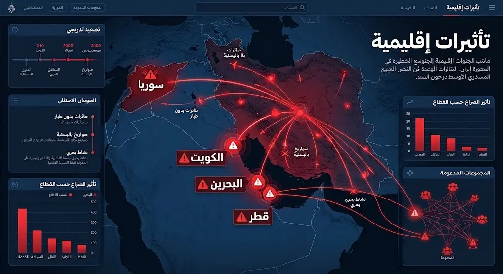 تصميم بياني إخباري يستعرض خريطة الشرق الأوسط ومسارات الهجمات المضادة التي طالت منشآت وقواعد في دول إقليمية.