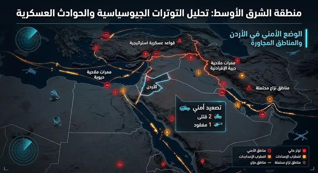 خريطة تفاعلية وإنفوجرافيك يوضح موقع الهجوم في الأردن وتأثيره الإقليمي.