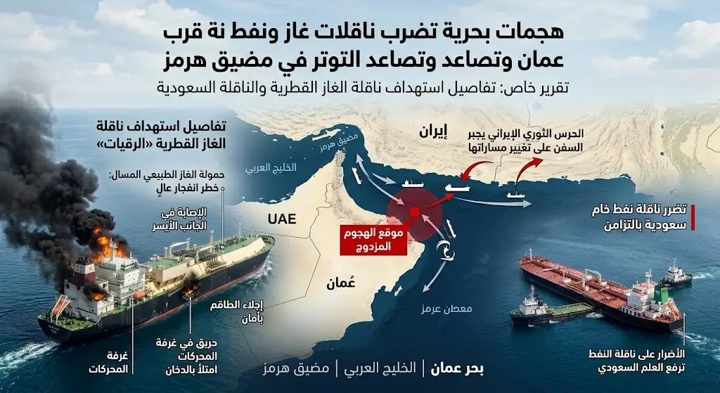 هجوم يضرب ناقلة غاز قطرية وأخرى سعودية قرب عمان والحرس الثوري الإيراني يجبر السفن على تغيير مساراتها