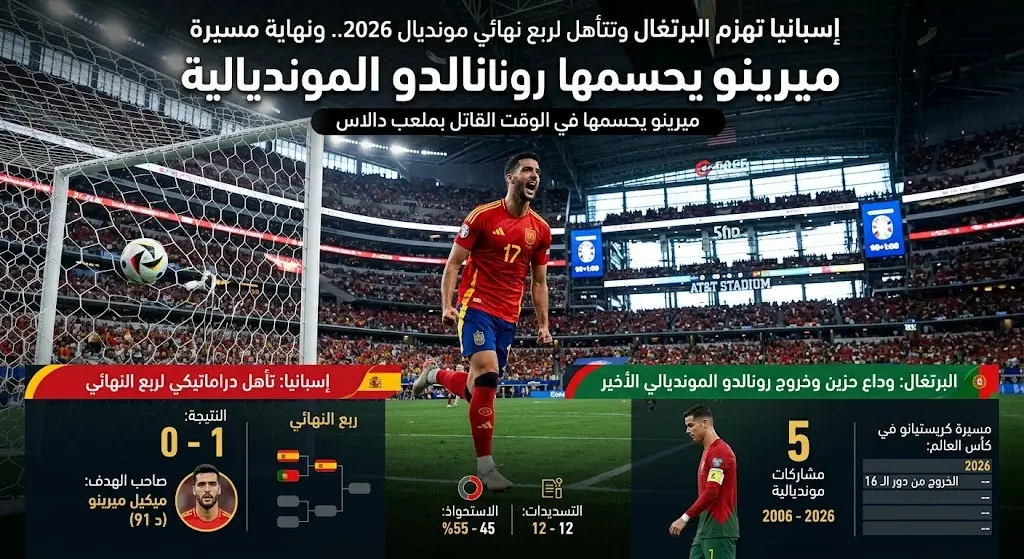 هدف ميرينو في الوقت الضائع يصعد بإسبانيا لربع نهائي مونديال 2026 وينهي مسيرة رونالدو المونديالية
