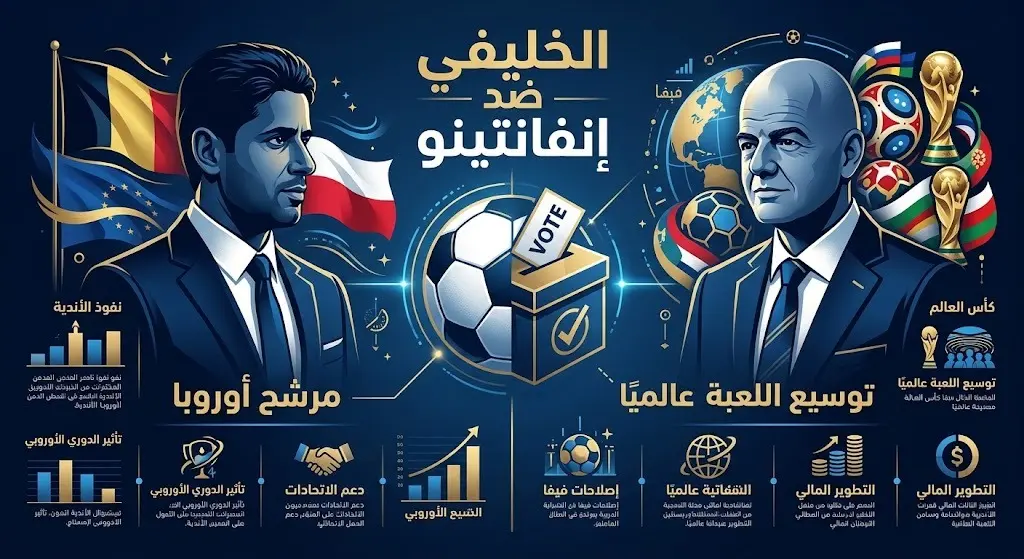 تصميم إنفوجرافيك يقارن بين ناصر الخليفي وجياني إنفانتينو كمرشحين لرئاسة الفيفا مع نصوص عربية توضيحية.