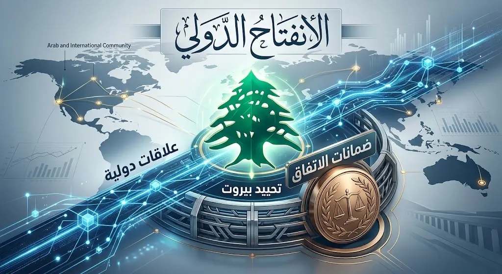 تصميم تعبيري يجسد عودة لبنان إلى الساحة الدولية والعربية، مع إبراز تأمين ضمانات دبلوماسية لحماية الاتفاقيات وتحييد العاصمة بيروت.