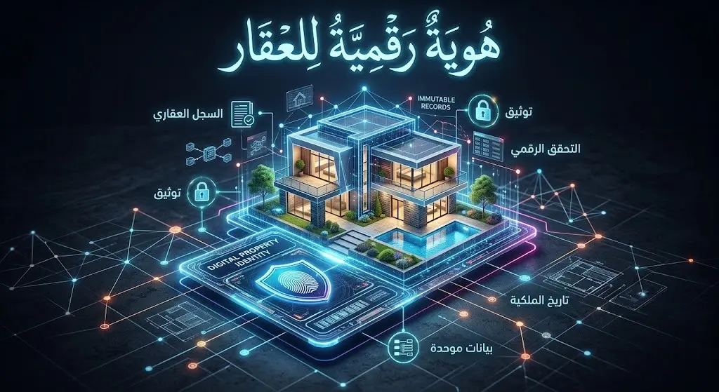 رسم تخيلي يبرز الهوية الرقمية الثابتة للعقار وارتباط السجل العقاري بتوثيق الملكيات وحفظ البيانات ككيان مستقل.