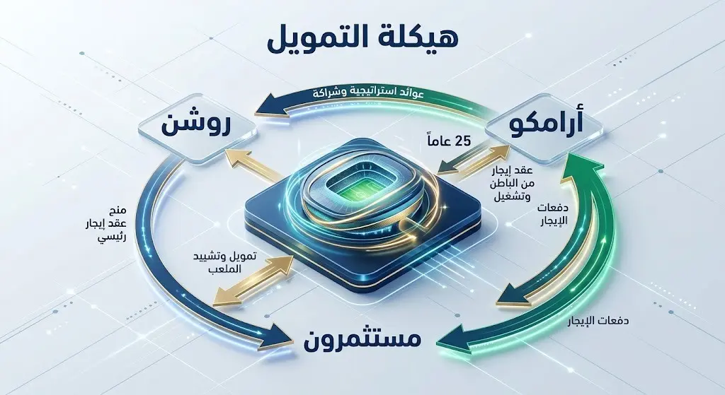 إنفوجرافيك مالي يوضح آلية التأجير وإعادة الاستئجار بين مجموعة روشن وأرامكو والمستثمرين