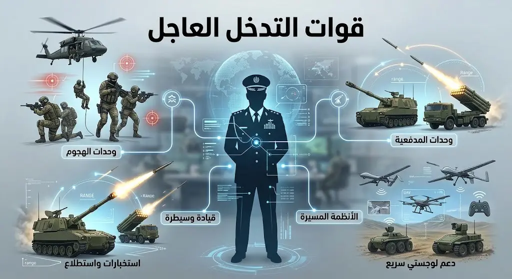 رسم توضيحي متطور لهيكلة قوات التدخل العاجل الأوكرانية، يظهر الدمج التكتيكي بين وحدات الهجوم، المدفعية، والأنظمة غير المأهولة.