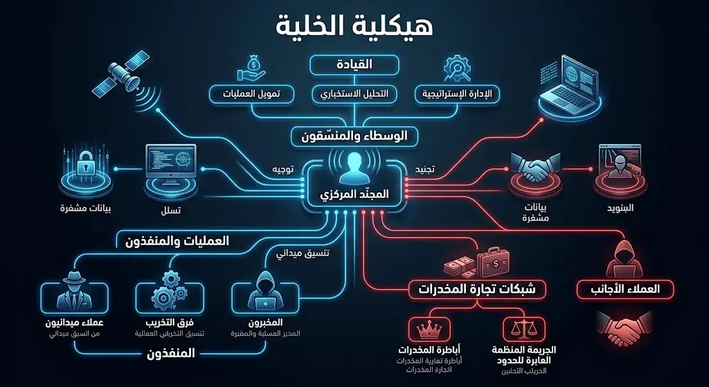 إنفوجرافيك يوضح الهيكلية التنظيمية لخلية التجسس وارتباطاتها بدءاً من الاستخبارات الإيرانية وصولاً إلى العناصر الأجنبية.