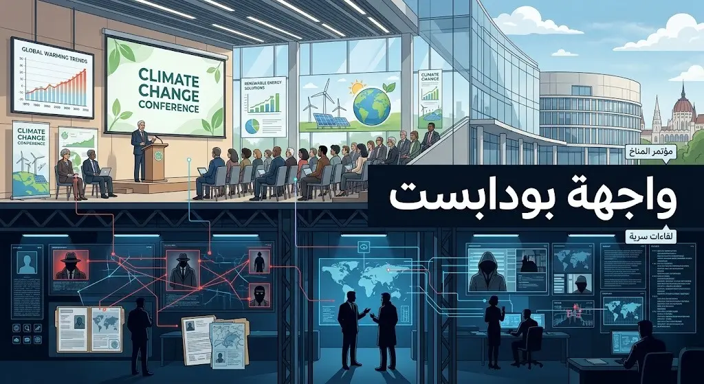 تصميم معلوماتي بصري يوضح الاستغلال المزدوج لمؤتمر أكاديمي في المجر كغطاء للقاءات استخباراتية سرية.