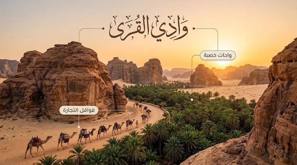 مشهد تعبيري يصور قوافل الجمال تعبر وادي القرى في العُلا وسط الجبال الشاهقة والواحات الخصبة، مع نصوص عربية توضيحية