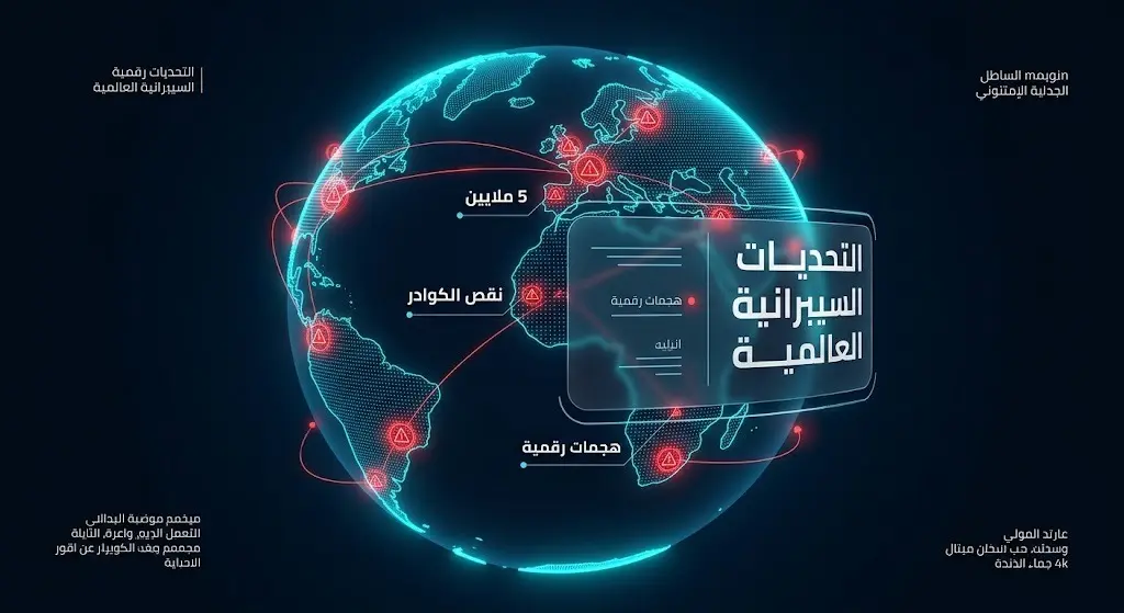 تصميم معلوماتي يوضح التحديات السيبرانية العالمية مع مجسم كرة أرضية رقمي وإحصائية تشير إلى نقص 5 ملايين مختص حول العالم.
