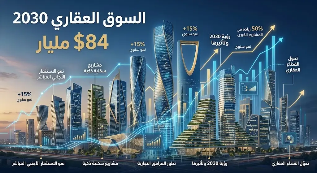 تصميم بصري يبرز طموحات السوق العقاري السعودي للوصول إلى حجم 84 مليار دولار سنوياً بحلول عام 2030.
