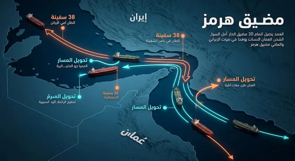 إنفوجرافيك يوضح خريطة مضيق هرمز ومسارات السفن التجارية وتغيير وجهاتها بين السواحل العمانية والإيرانية.