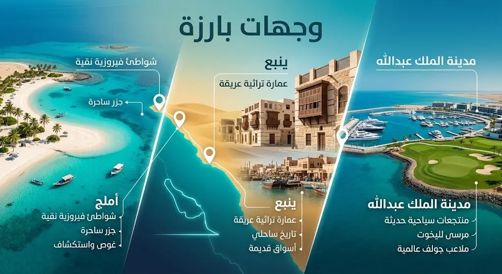 إنفوجرافيك يوضح الوجهات السياحية الساحلية البارزة على البحر الأحمر في السعودية، تشمل أملج وينبع ومدينة الملك عبدالله الاقتصادية، مبرزاً التنوع بين الشواطئ البكر والتراث والمنتجعات الحديثة.