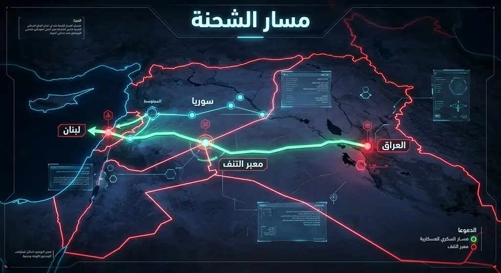 خريطة رقمية توضح مسار تهريب الشحنة من العراق مروراً بسوريا ووصولاً إلى لبنان.