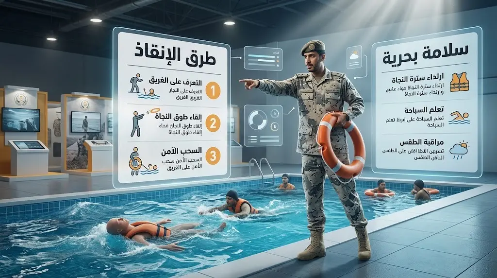 تصميم إنفوجرافيك يوضح ورش عمل حرس الحدود للتدريب على طرق الإنقاذ البحري والسلامة.