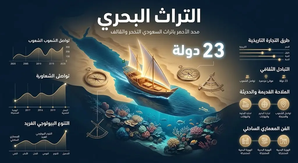 تصميم إبداعي يبرز التراث البحري للبحر الأحمر كمعبر حضاري، يجمع بين السفن التقليدية والشعاب المرجانية مع نصوص عربية توضيحية.